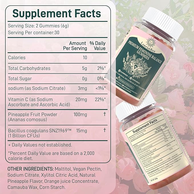 Premium Feminine Balance Gummies Vaginal Probiotic - for Women’s pH Balanced Health & Wellness - Immune Support - Vegan, Gluten-Free & Halal - Hawaiian Pineapple - 60 Gummies - 30 Servings (1)