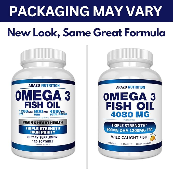 Arazo Nutrition Wild Caught Omega-3 Fish Oil Concentrate – 4,080mg per Serving – High EPA 1200mg & DHA 900mg – 120 Burpless Lemon Softgels