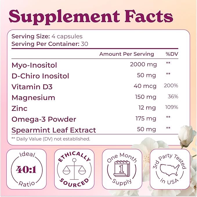 Myo-Inositol & D-Chiro Inositol 2000mg Per Serving for Women - Inositol 40:1 Formula with Spearmint, Vitamin D3, Zinc & Magnesium - Hormone Balance for Women, Ovarian Support - 120 Capsules - 2Packs