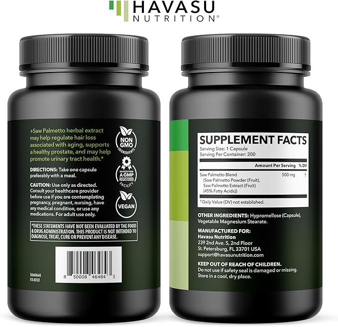 Saw Palmetto for Men Prostate Health Supplement to Promote Urinary Tract Function - 500mg Per Serving - 200 Count - DHT Blocker Hair Vitamin - Vegan, Non-GMO Capsules, Over 6 Month Supply