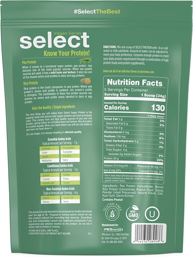 PEScience Select Vegan Protein Powder, Plant Based Protein Powder, Amazing Taste, Smooth Texture, Pea and Brown Rice Blend, Dairy Free, Lactose Free, Gluten Free - Chocolate Peanut Butter, 5 Servings
