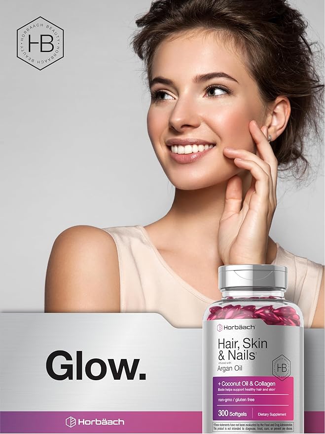 Horbäach Hair Skin and Nails Vitamins | 300 Softgels | with Biotin and Collagen | Infused with Argan Oil and Coconut Oil | Non-GMO, Gluten Free Supplement