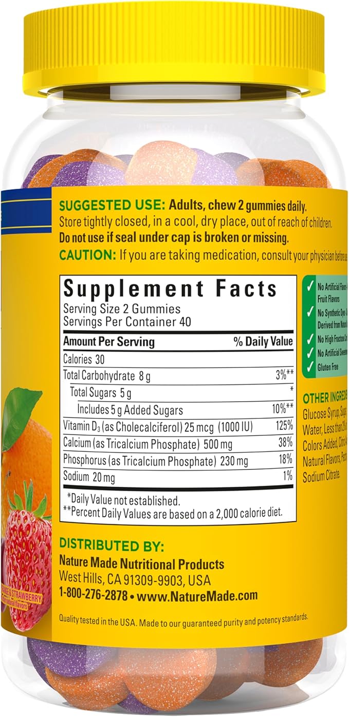 Nature Made Calcium Gummies 500 mg Per Serving with Vitamin D3, Dietary Calcium Supplement for Bone Support, 80 Gummies, 40 Day Supply