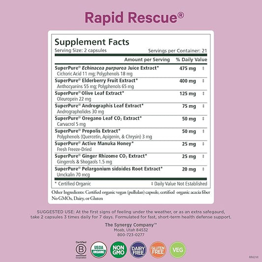 PURE SYNERGY Rapid Rescue | Organic Immune Support Capsules | Herbal Supplement with Echinacea, Elderberry, and Olive Leaf Extracts | for Immediate Immune Support (42 Capsules)