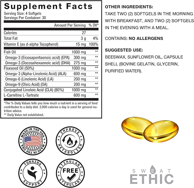 Sweat Ethic Omega Lean Muscle Toner, Non Stimulant Formula with Omega 3, 6 & 9 Fatty Acids, Cla, L Carnitine & Vitamin E, Fish Oil Capsules, Daily Supplements for Men & Women, 120 Softgel Capsules