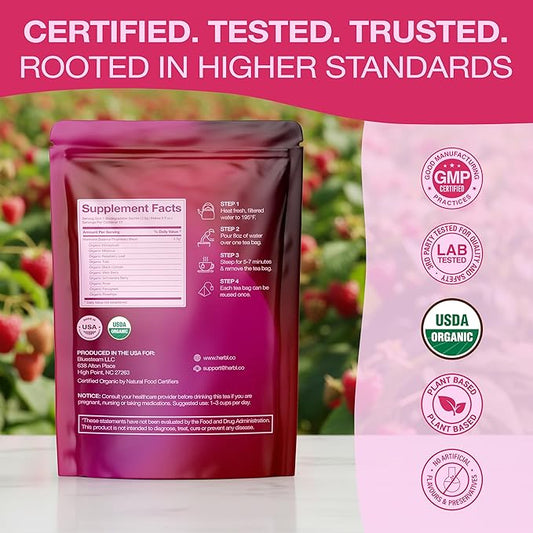 Organic Hormone Balance Tea for Women – Raspberry Leaf Tea with Fenugreek, Tulsi & Black Cohosh – Herbal Hormone Balance tea for PMS (Cramps, Mood, Bloating), Menstrual Cycle & Perimenopause Support
