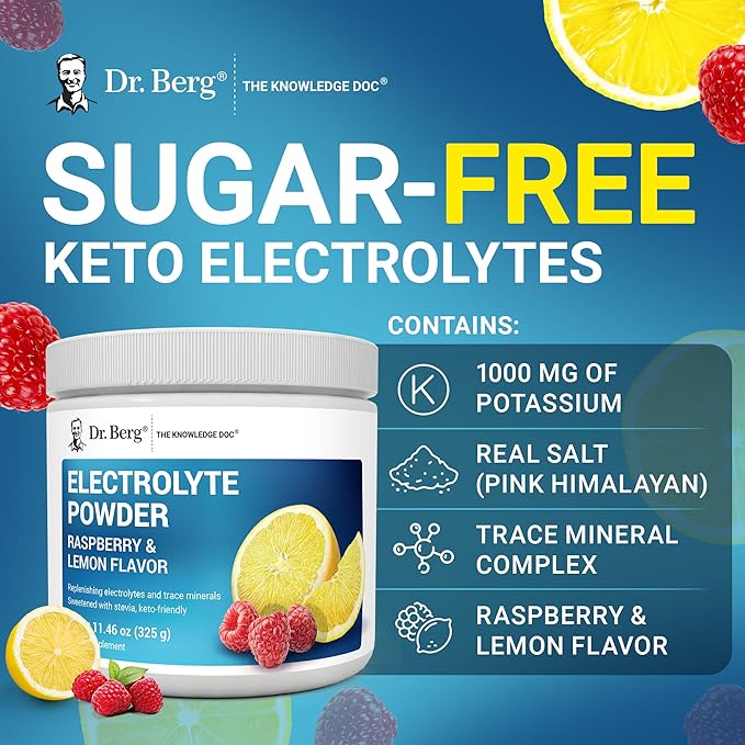 Dr. Berg Zero Sugar Hydration Keto Electrolyte Powder - Enhanced w/ 1000 mg of Potassium & Real Pink Himalayan Salt (NOT Table Salt) - Raspberry & Lemon Flavor Hydration Drink Supplement - 50 Servings
