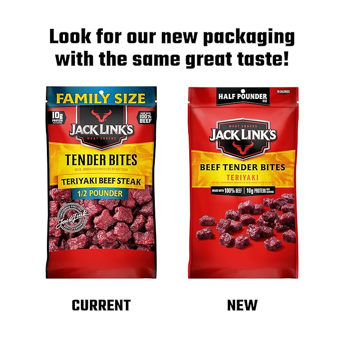 Jack Link's Beef Tender Bites, Teriyaki, Half Pounder Bag - Flavorful Meat Protein Snacks for Lunches, 10g of Protein and 70 Calories per Serving, Made with 100% Beef (Pack of 2)