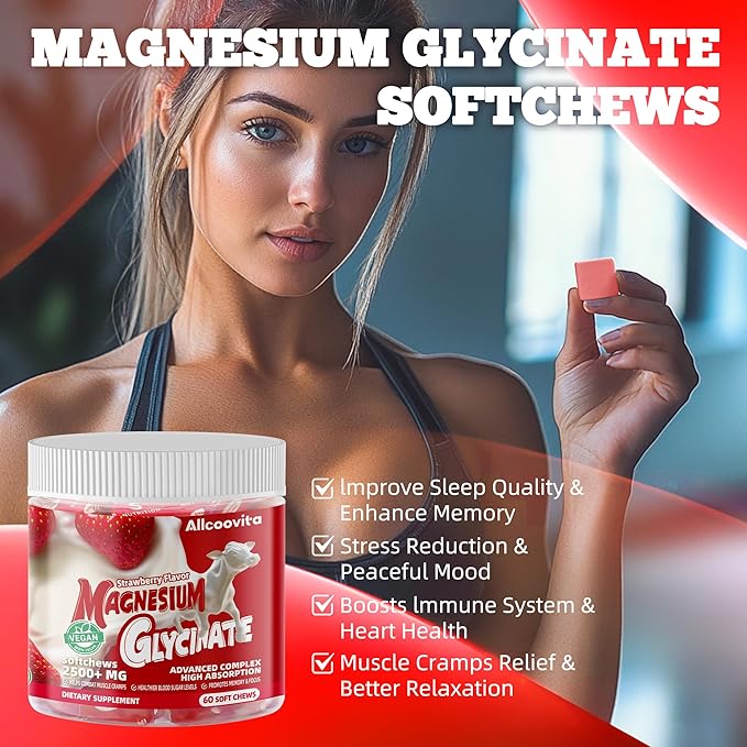 Magnesium Glycinate Soft Chews, Strawberry Flavor.Chewable Sugar Free Potassium Magnesium Chews with Magnesium Glycinate, Vitamin D, B6, and CoQ10 for Calm Support & Sleep for Adults, 60 Days Supply