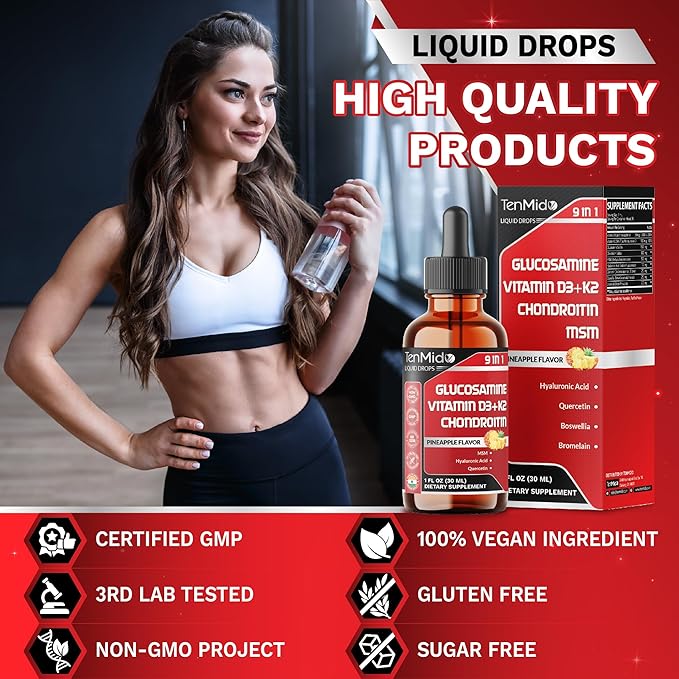 Glucosamine Chondroitin MSM Liquid Drops - 9in1 with Vitamin D3, Vitamin K2, Hyaluronic Acid, Quercetin, Boswellia, and Bromelain - Vegan, Non-GMO - 30ml 1 Fl Oz
