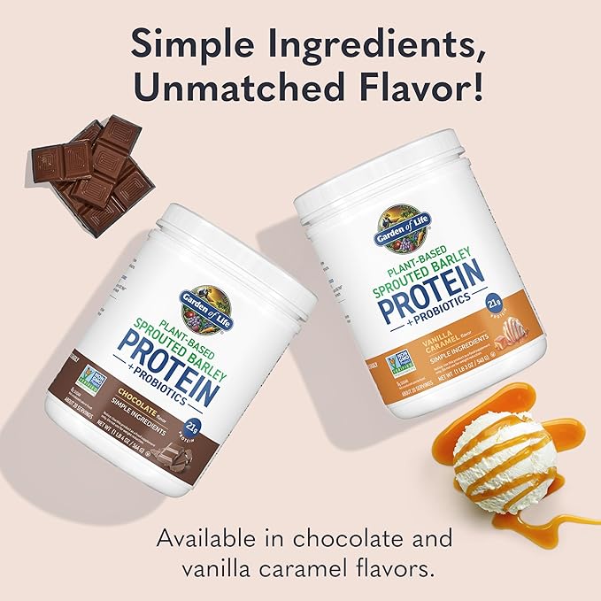 Garden of Life Plant-Based Sprouted Barley Protein, Vanilla Caramel with 21g Protein, 0g Sugar & Clean Ingredients, Upcycled Barley, Probiotics, Non-GMO, use in Shakes, Smoothies & Baking, 20 Servings