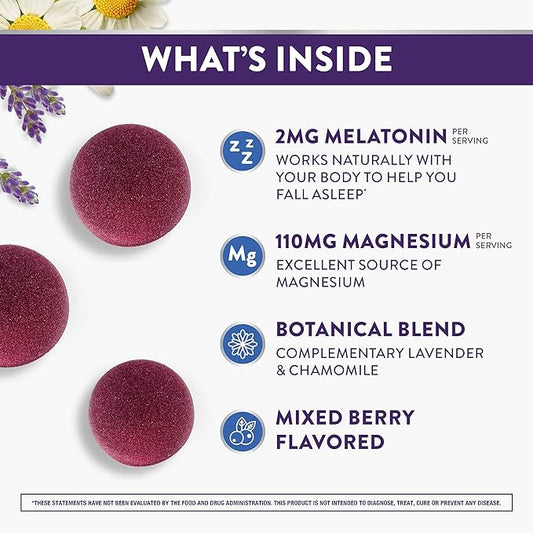 ZzzQuil Pure Zzzs + Magnesium, Sleep Aid, Magnesium Citrate and Melatonin Gummies, Melatonin 2mg, Sleep Aids for Adults, Mixed Berry Flavored, 60 Sleep Gummies