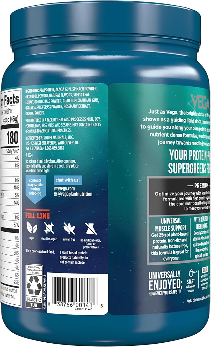 Vega Protein and Greens Protein Powder Creamy Vanilla (11 Servings) 25g Plant Based Protein Plus Veggies, Vegan, Non-GMO, Pea Protein for Women and Men, 1.2lbs