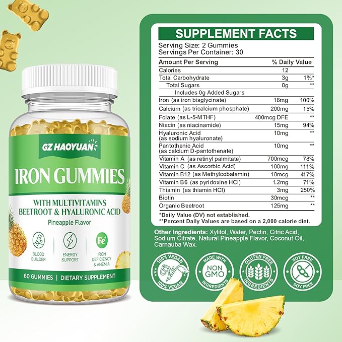 Iron Gummies with Multivitamin, Iron Supplement Gummies for Women & Men with Vitamin B Complex & C, Folate for Kids & Adults - Blood Builder, Energy, Iron Deficiency & Anemia Support Pineapple 120 ct