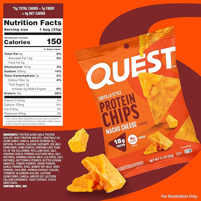 Quest Nutrition Nacho Cheese Tortilla Style Protein Chips, 18g Protein, 4g Net Carb, Low Carb, Gluten Free, 1.1 oz (Pack of 4)
