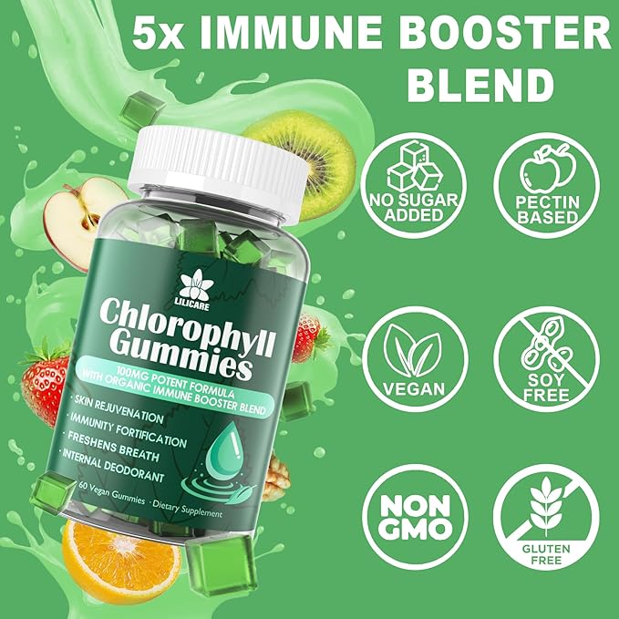 Chlorophyll Gummies - Super Green with Wheat Grass, Sea Moss, Unfiltered ACV & Elderberry, Echinacea, Zinc Complex & Vitamin D3, C, E, B12 for Natural Deodorant, Immune & Digestion Support, Pack of 2