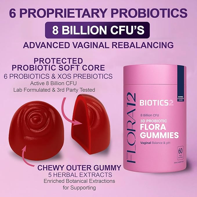 Flora12 Vaginal Probiotics for Women pH Balance Gummies with Prebiotics 8x Billion Probiotics 5x Extracts Saw Palmetto, Dong Quai, Motherwort, Wild Kelp & Yam | Vegan Sugar-Free Gluten-Free, 120 Ct