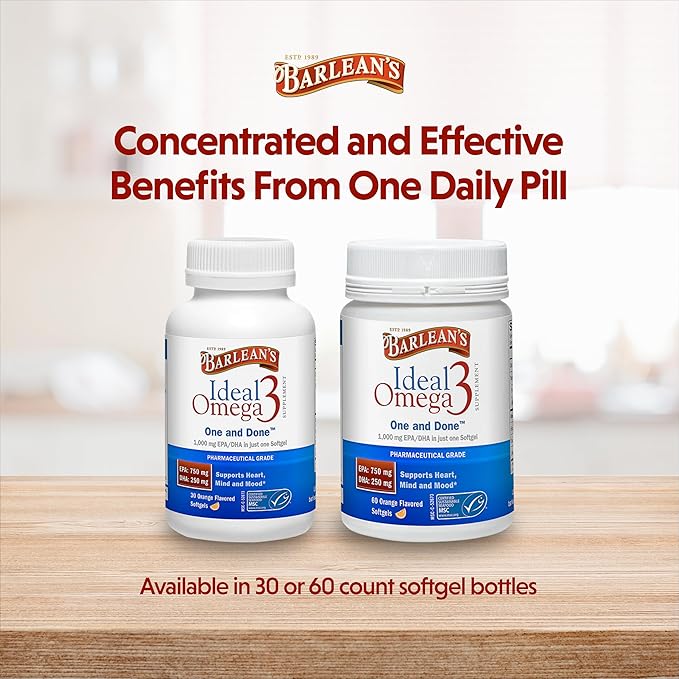 Barlean's Ideal Omega 3 Nutritional Supplement Softgels with 1,000mg EPA/DHA for Heart, Mind, and Mood - Certified Sustainable Seafood, Pharmaceutical Grade - 30-Count