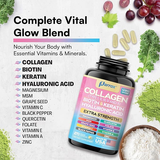 Collagen Peptides Types I, II, III, V & X, MCG Biotin, Keratin, Hyaluronic Acid, MSM, Zinc, Grape Seed Extract, Quercetin, Vitamin A, Vitamin C, Vitamin E, Magnesium, Folic Acid (270 Capsules)