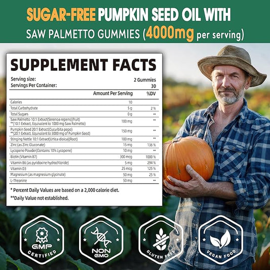 Pumpkin Seed Oil Gummies, Organic Pumpkin Seed Oil with Saw Palmetto Supplement High Pure Extract for Men Women, Supports Immune, Hair & Prostate Health, Sugar Free, Vegan, Lemon, 60 Chewable
