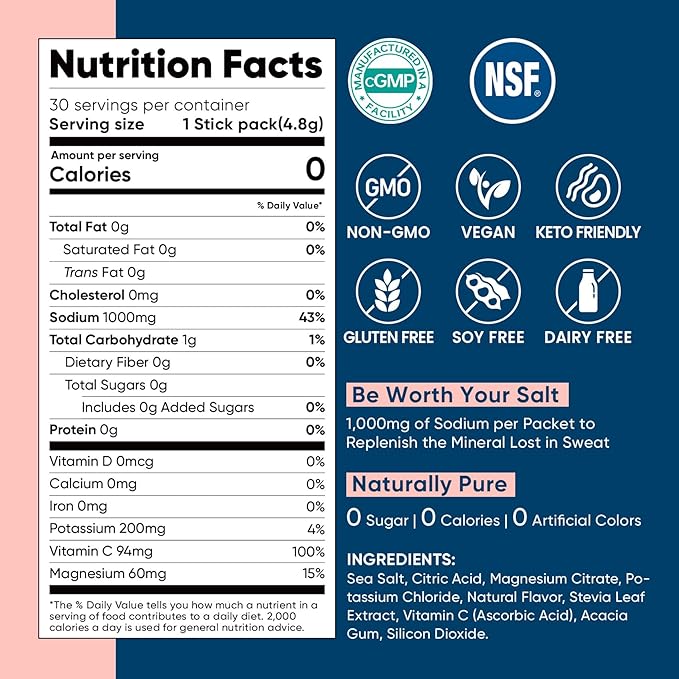 Venture Pal High Sodium Sugar-Free Electrolyte Powder Packets - Hydration Packets with Sodium, Potassium & Magnesium | Zero Calories | Vegan, Keto, and Paleo Friendly | 30 Sticks