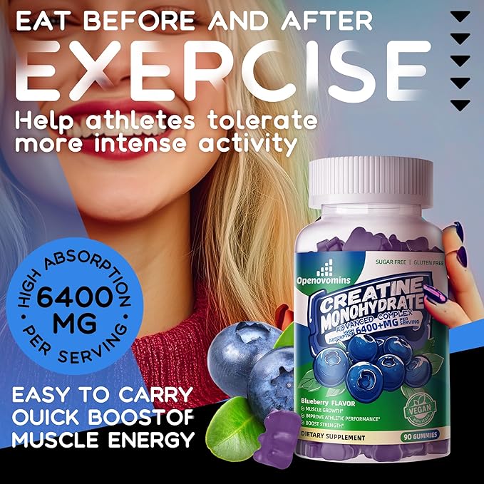 Creatine Monohydrate Gummies Complex for Men & Women -Advanced Formula W/L-Taurine + Vitamin B12, Sugar Free Chewable Supplement,90 Blueberry Gummies