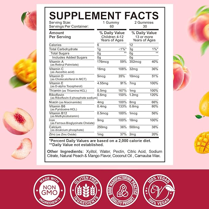 Iron Supplement Gummies for Kids - with Calcium, Zinc, Kids Multivitamin with Iron Gummies - Immune Support, Blood Builder & Energy Support for Iron Deficiency, Anemia, Peach & Mango Flavor, 60 Count