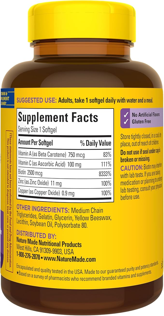 Nature Made Hair Skin and Nails with Biotin 2500 mcg, Dietary Supplement For Healthy Hair Skin and Nails Support, 120 Softgels, 120 Day Supply
