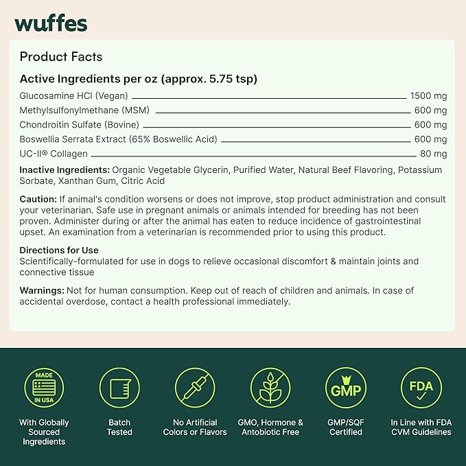 Wuffes Advanced Joint Liquid for Dogs, Hip & Joint Support Supplement with Glucosamine, Chondroitin, UC-II® Collagen, and MSM, for Small & Large Breeds, 16 Oz