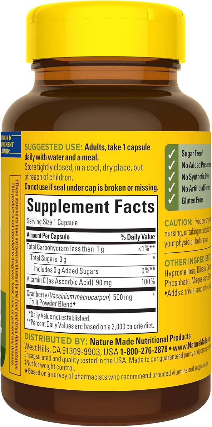 Nature Made Cranberry Supplement 500mg with Vitamin C for Immune & Antioxidant Support, Cranberry Blend for Urinary Tract Health, One Per Day, 60 Capsules