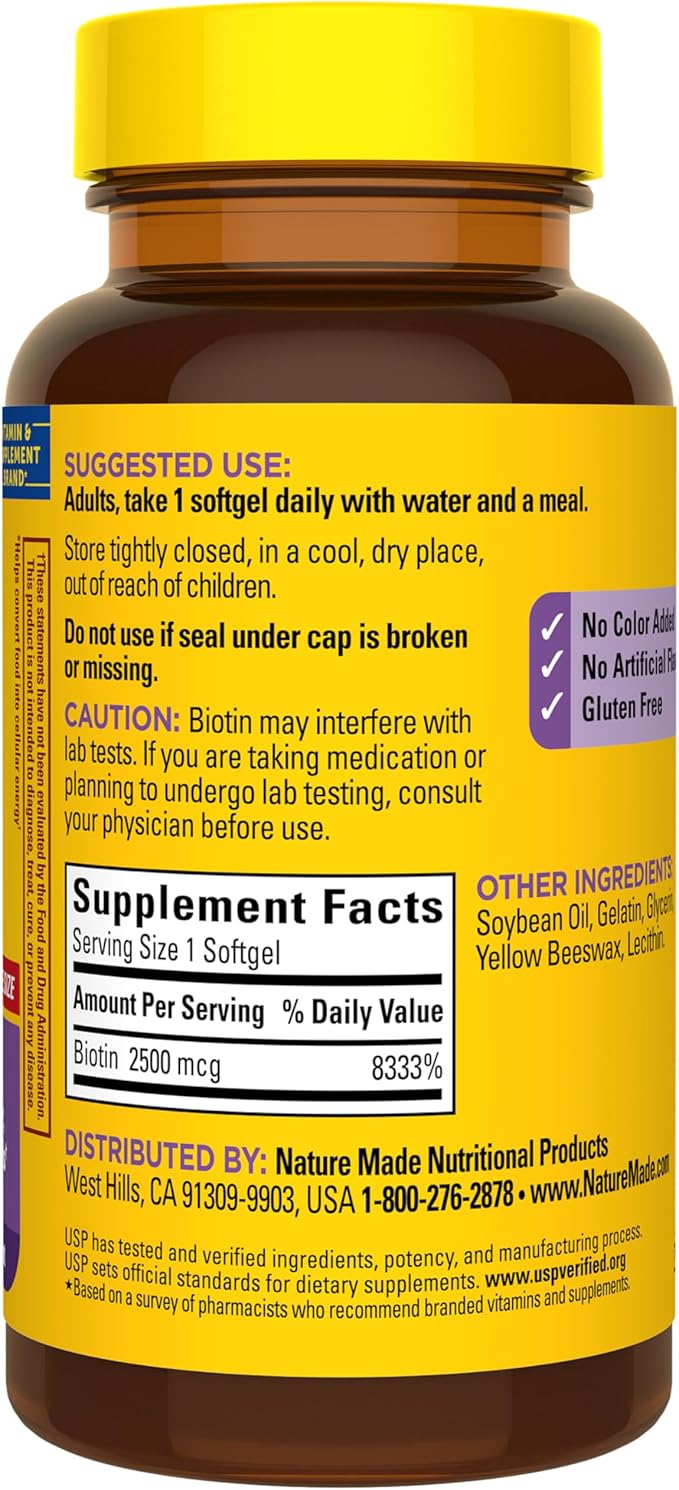 Nature Made Biotin 2500 mcg Extra Strength, Biotin Supplements Support Healthy Hair Skin & Nails, 150 Softgels, 150 Day Supply