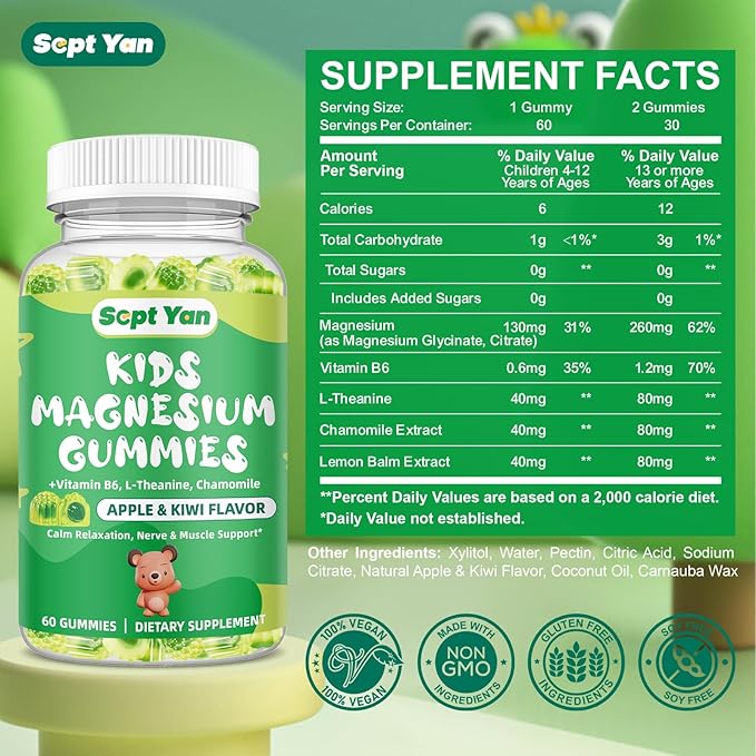Kids Magnesium Gummies, Magnesium Glycinate Gummies for Kids & Adults with Citrate, L-Theanine, Chamomile, Vitamin B6 for Sleep, Relaxation, Brain & Muscle, Sugar Free Apple & Kiwi Flavor 60ct