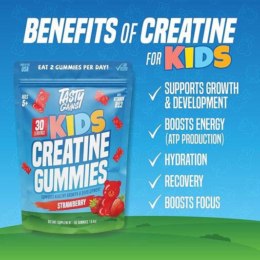 TASTY GAINS Kids Creatine Gummies with Vitamin B12 for Growth Support, Kids Vitamin Gummies for Daily Nutrition Support, Gummy Vitamins for Kids, Easy Chew Supplement for Children