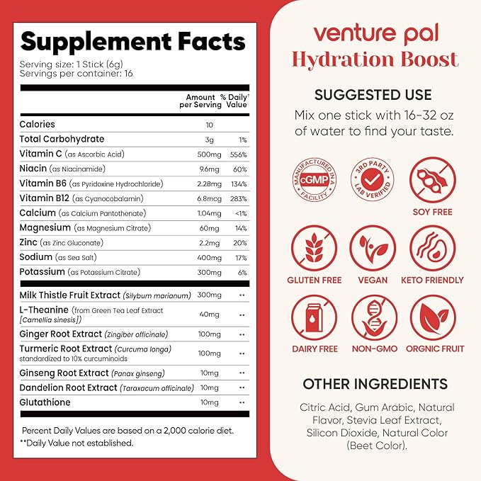 Venture Pal Hydration Packets + Liver Support- Liquid Daily IV Electrolyte Powder Packets with 7 Electrolytes & 5 Vitamins, Milk Thistle + L-Theanine | Sugar-Free | Keto Friendly | Vegan, 16 Sticks