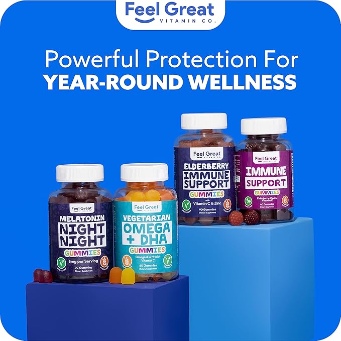 Feel Great Sambucus Elderberry Gummies with Zinc and Vitamin C for Adults | Immune Support Booster | Berry Flavored Vegan Supplement | 90 Day Supply