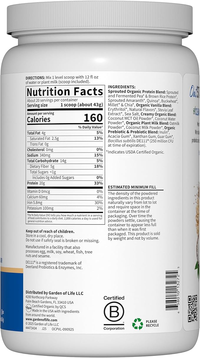 Garden of Life Creamy Plant Protein + Oat Milk Powder + Vanilla Flavor Vegan Protein Powder – Plant Based, Prebiotics & Probiotics, Gluten-Free, Non-GMO, Vanilla Cookie Flavor, 2 LBS