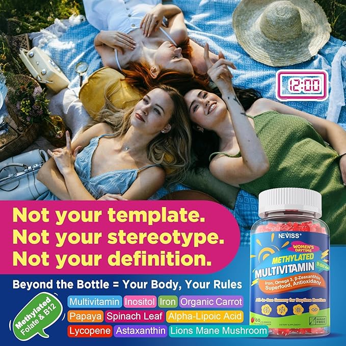 NEVISS Methylated Multivitamin Gummies with Iron for Women, Bariatric Multivitamin, Omega-3, B6, Folate, B12, Inositol, Daily Vitamin Gummy ALA | Beet Root | Astaxanthin, Energy, Brain, Antioxidant