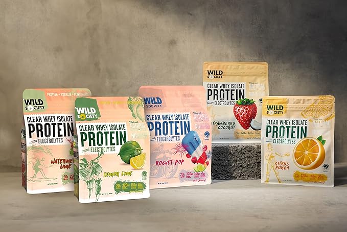 WILD SOCIETY - Clear Protein Powder + Electrolytes - 20g Clear Whey Protein Isolate Drink - Zero Sugar - 0g Lactose - Natural Flavors & Colors - Muscle Post Workout Recovery - Watermelon Lime, 16 oz
