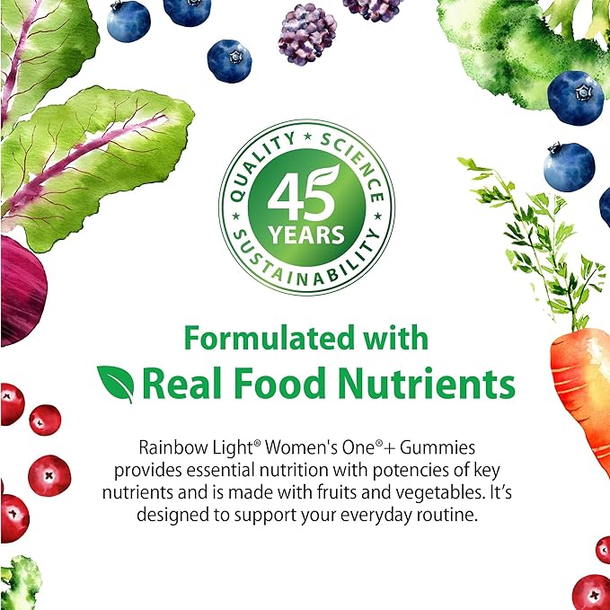 Rainbow Light Womens One + Multivitamin Gummies | 60 Count | Supports Cellular Energy & Antioxidant Health | Mixed Berry Flavor | with Real Food Nutrients, B Vitamins & Probiotics