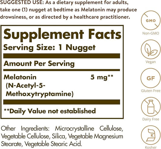 Solgar Melatonin 5 mg, 120 Nuggets - Helps Promote Relaxation & Rest - Clinically Studied Melatonin - Vegan, Gluten Free, Dairy Free, Kosher - 120 Servings