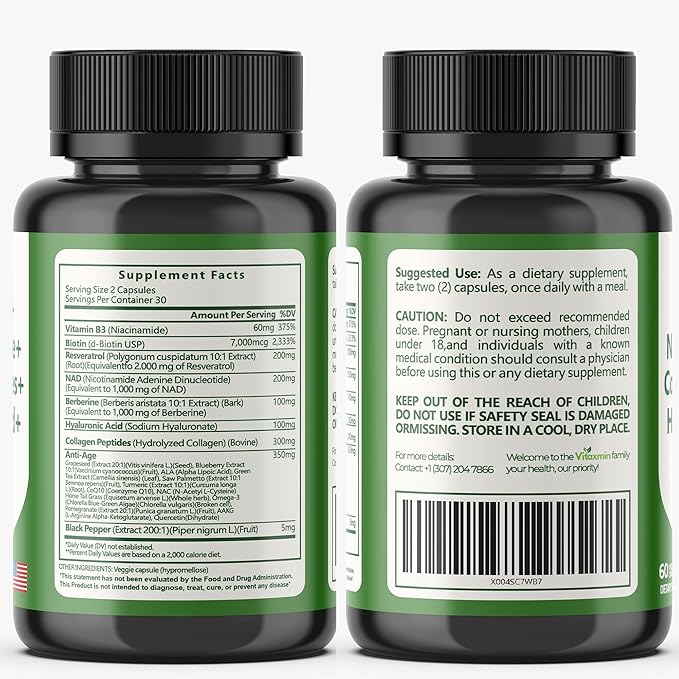 NAD Resveratrol Supplement 200mg with Berberine NAC Collagen - Nicotinamide Riboside NMN NADH CoQ10 Biotin Hyaluronic Acid - Hair Skin Nails Supplement - 60 Capsules