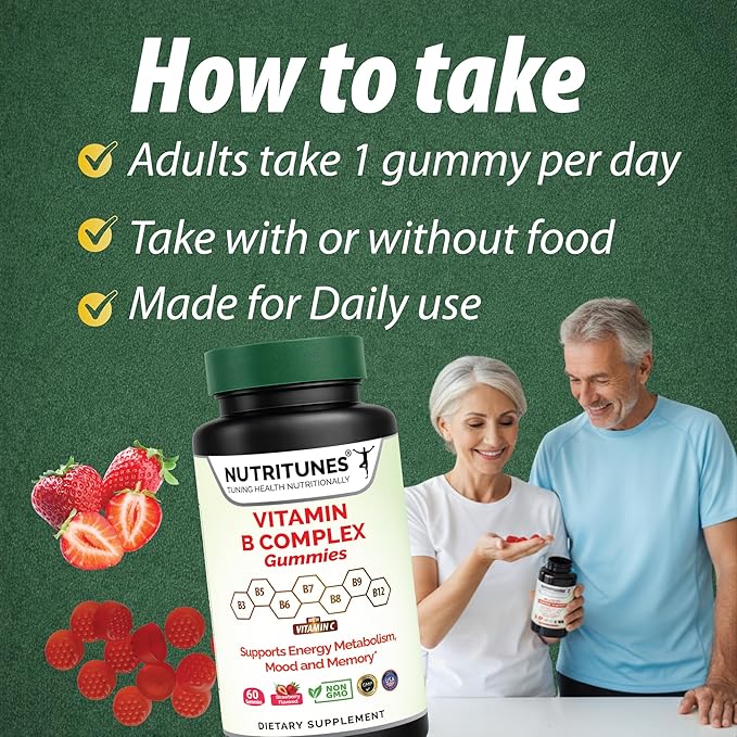 Vitamin B Complex Gummies–High Potency B Complex Vitamins Gummies with Methyl B12, Folate, Biotin & Vitamin C – Non-GMO, Vegan, Gluten-Free – 60 Gummies – Made in USA