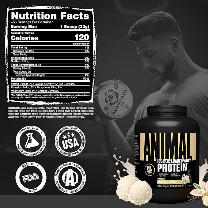 Animal Whey Isolate Protein Powder - Loaded for Pre & Post Workout Muscle Builder and Recovery with Digestive Enzymes for Men & Women - 25g Protein, Great Taste, Low Sugar - Vanilla 4 lbs