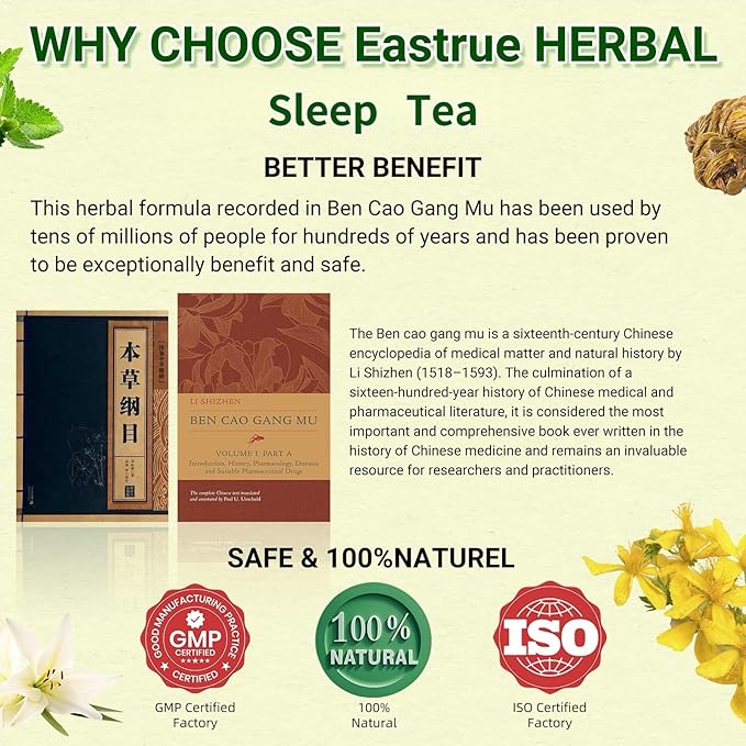 Eastrue Herbal Tea for Sleepytime-Caffeinated Barley Tea Blend 8 Natural Herbs with Jujube Dates,Goji berry, Promotes Healthy Digestion,Pressure Balance,Menopause,Organic,25 Tea Bags