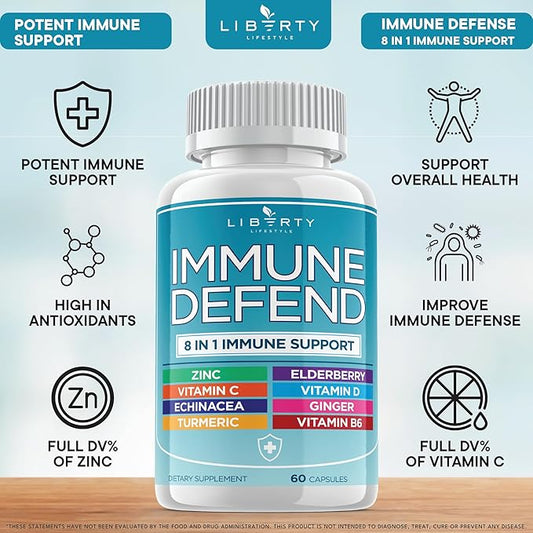 8 in 1 Immune Defense Support, Immunity Vitamins Supplement Booster Zinc 50mg, Vitamin C Elderberry VIT D3 5000 IU, Turmeric Curcumin & Ginger, Echinacea - Allergy Relief for Kids Adults (2 Pack)