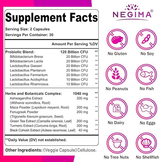 Negima Menopause Supplements for Women, 120 Billion CFUs Probiotics for Women, 13-in-1 Herbs & Botanicals Complex, for Hormone Menopause, Hot Flashes, Night Sweats, Mood Swings, Sleep - 120 Capsules