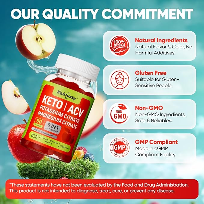 Keto ACV Gummies, 8-in-1 500mg Apple Cider Vinegar Supplement with Vitamin B12, Potassium & Magnesium Citrate, Beet Root & Pomegranate, Supports Healthy Digestion & Energy, 60 Gummies