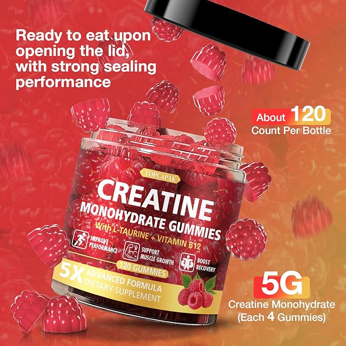 Creatine Gummies for Men & Women - Chewable Creatine Gummy with Taurine & Vitamin B12, 5g Creatine Monohydrate per Serving, 120 Gummies - Raspberry Flavor, Raspberry-Shaped