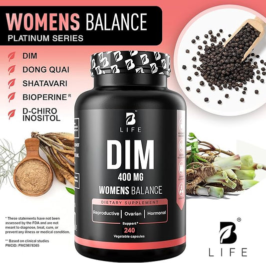 DIM Supplement 400 mg with Myo & D-Chiro Inositol, Dong Quai – Hormone Balance for Women – Fertility Supplements – Inositol Supplement - 240 Caps