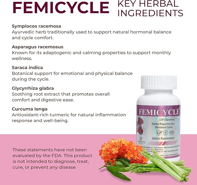 FEMICYCLE Herbal Supplement for Women – PMS, Hormonal & Menstrual Cycle Support – Lodh Tree, Ashoka, Asparagus, Licorice & Turmeric – Period Wellness Formula – 120 Vegan Capsules